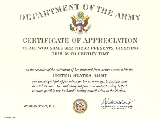 Army Certificate Of Appreciation Samples