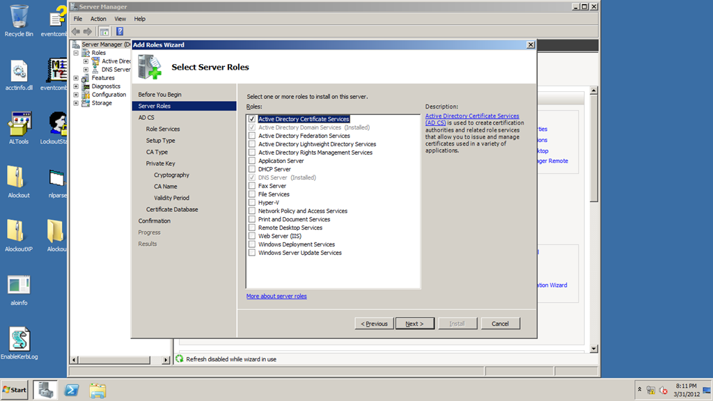 Certificate Authority Server 2008 R2 Install