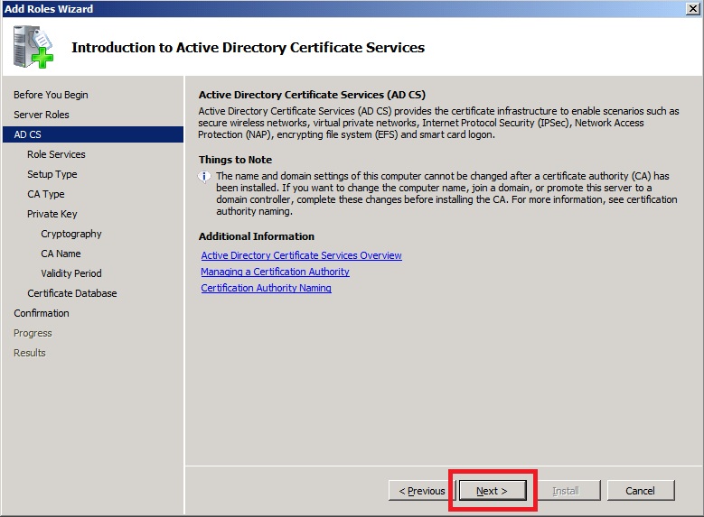 Certificate Authority Server 2008 R2 Install