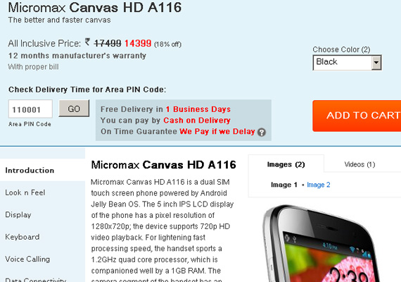 Micromax Canvas Hd A116 Features