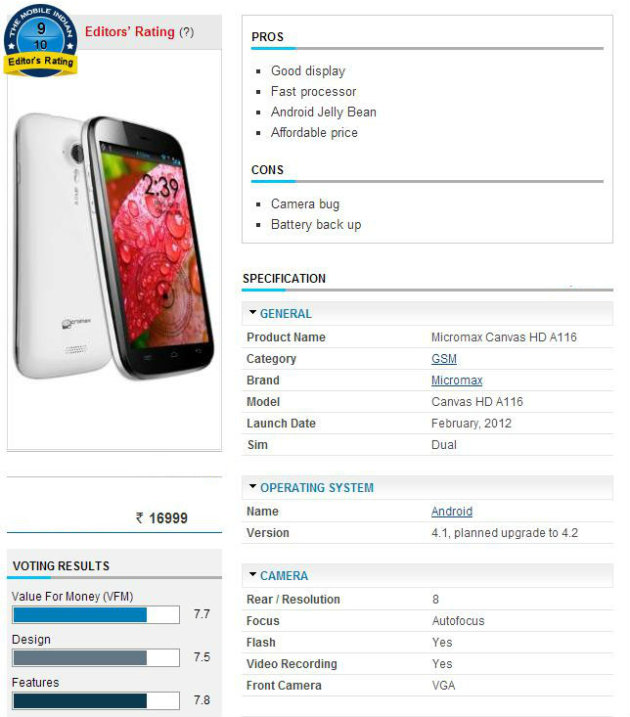Micromax Canvas Hd Specification Price In India